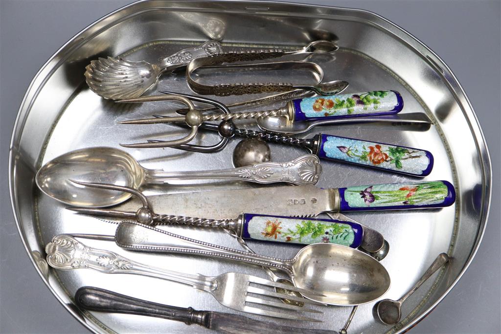 A cased set of silver teaspoons, a set of continental white metal cake forks and sundry mainly silver flatware.